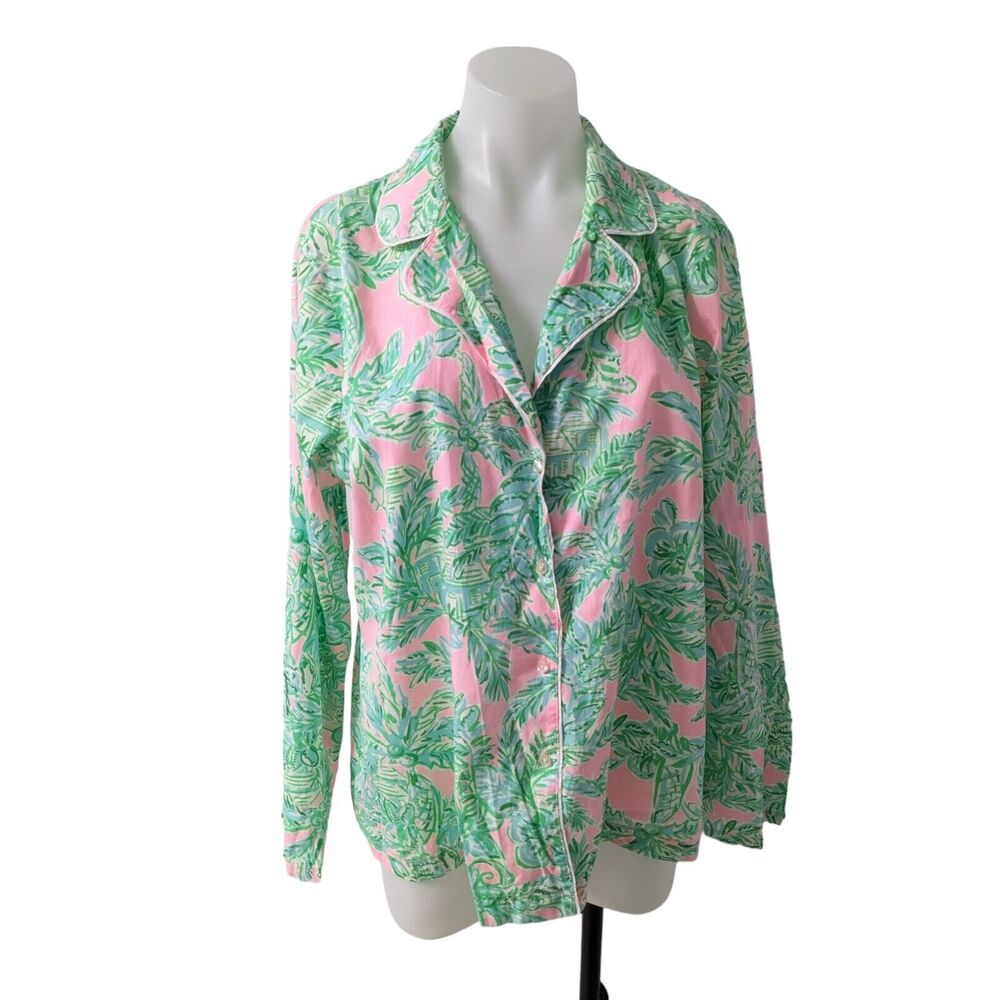 Lilly Pulitzer XL Button Up Pajama Top Green Pink Cotton Botanical Long Sleeves